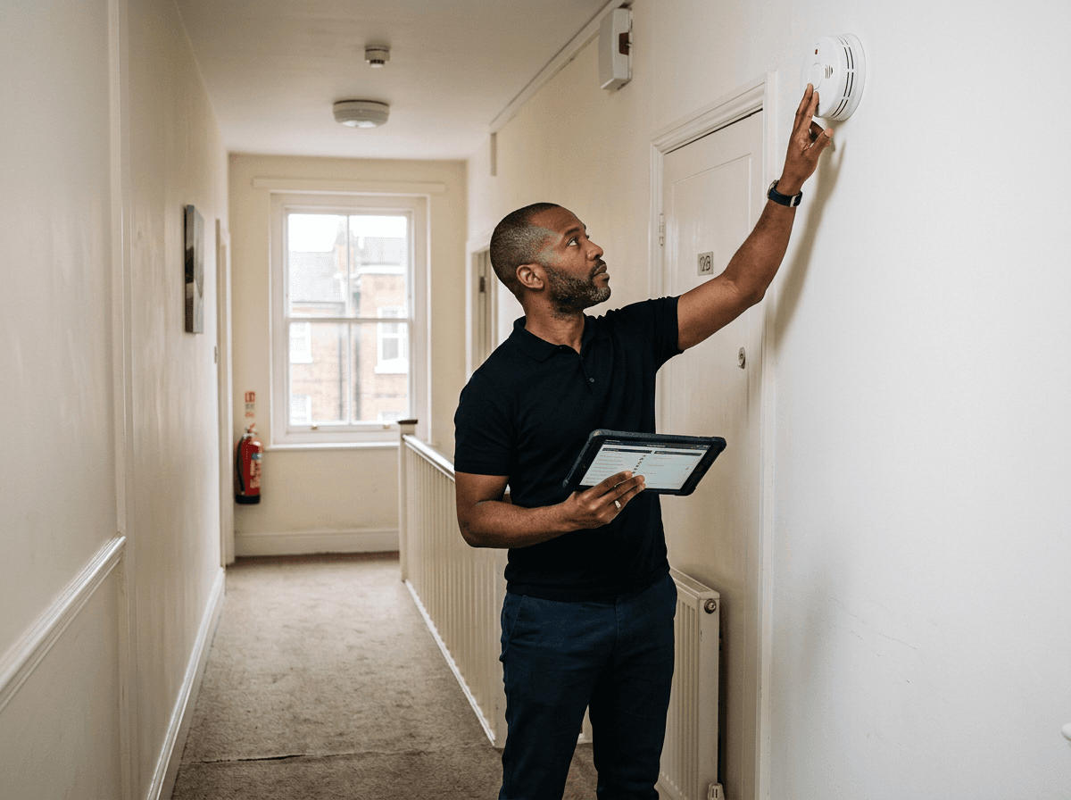 Property professional checking a domestic safety device during an inspection