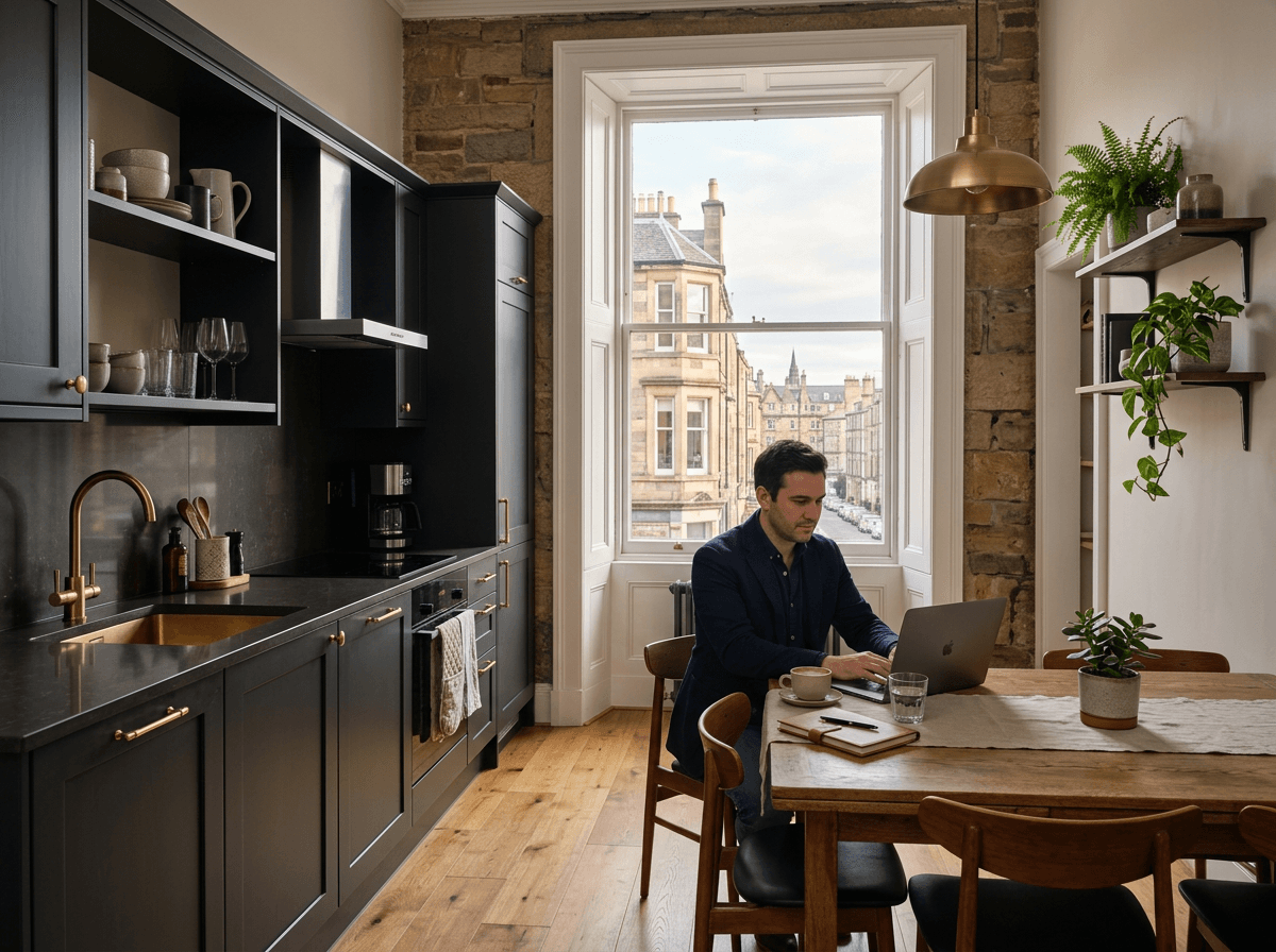 Furnished serviced accommodation with dining and workspace facilities