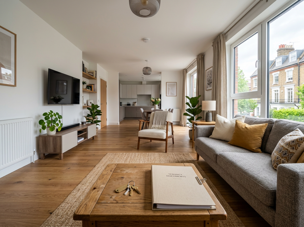 Furnished London apartment living room with keys and tenancy documents on the coffee table