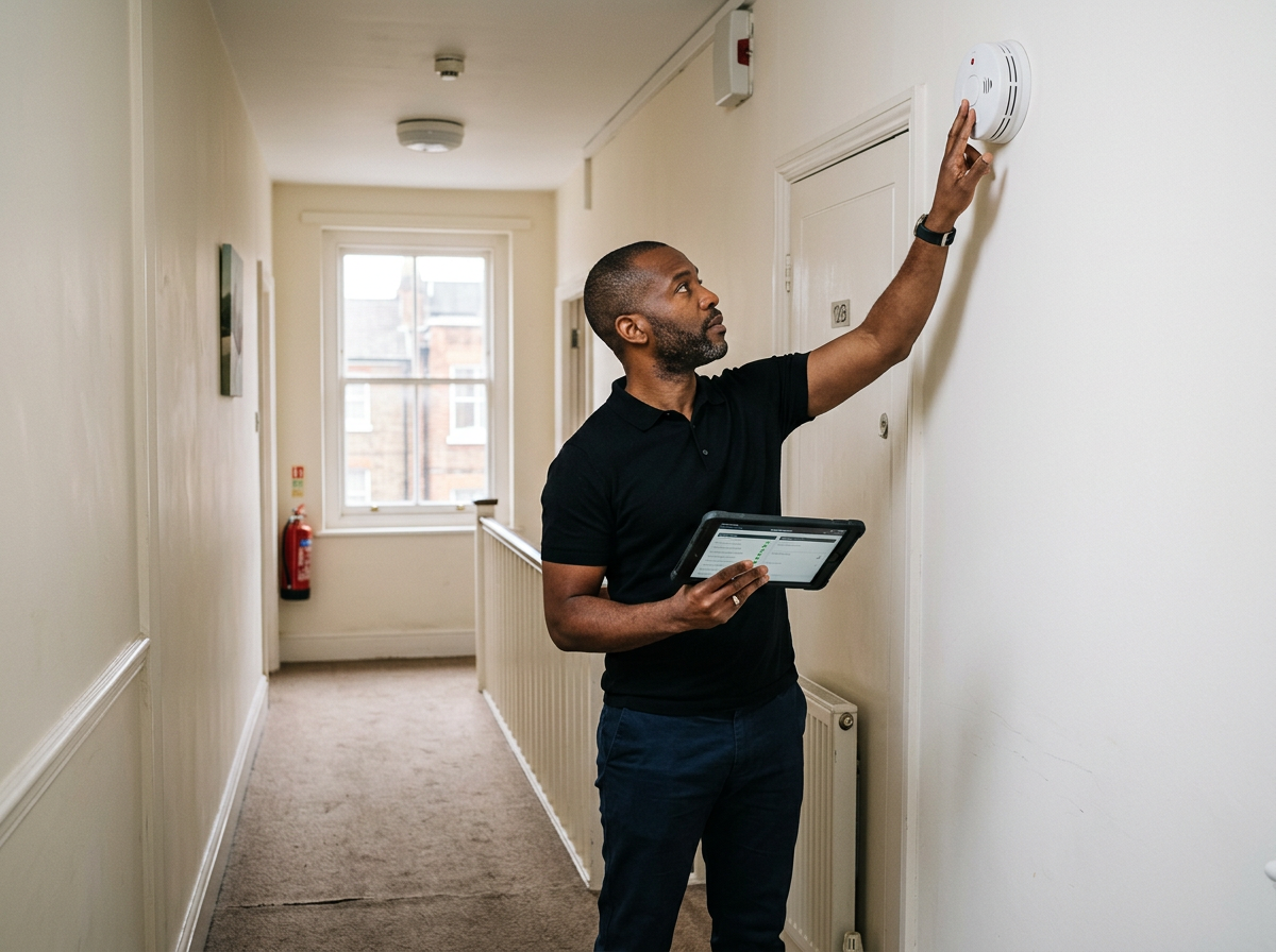 Property manager with a tablet inspecting a smoke alarm in the hallway of a London flat