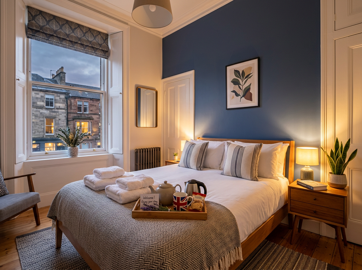 Short-let guest bedroom with crisp white linen, folded towels and a welcome tray